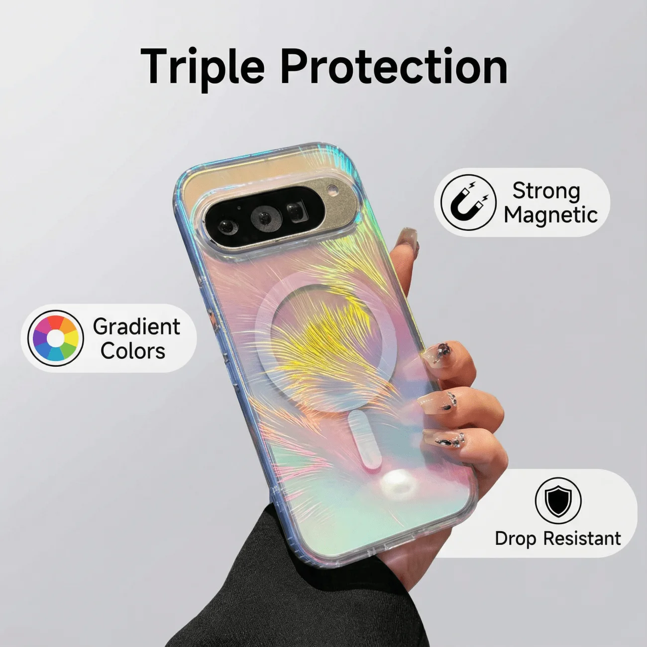 Gradient Laser Feather Pattern Magnetic Case with Magsafe Wireless Charging Capability and Colorful Design