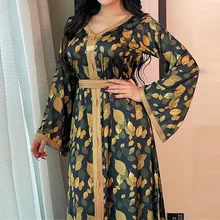 

Spring 2022 New Muslim Dress Jalabiya Dubai Moroccan Caftan Elegant Ethnic Print Maxi Dress for Women Turkish Clothes