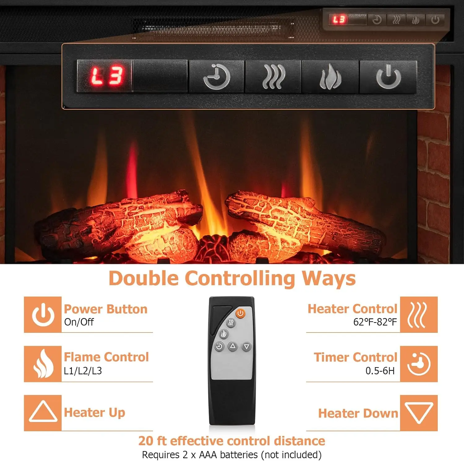 Electric Fireplace Insert 26-inch Wide 1400W Recessed and Freestanding Fireplace Heater with Remote Control 3-Level Flame 6