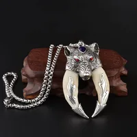 Antique Double Boar Tooth Silver Wolf Protective Talisman Pendant Necklace Gift 1