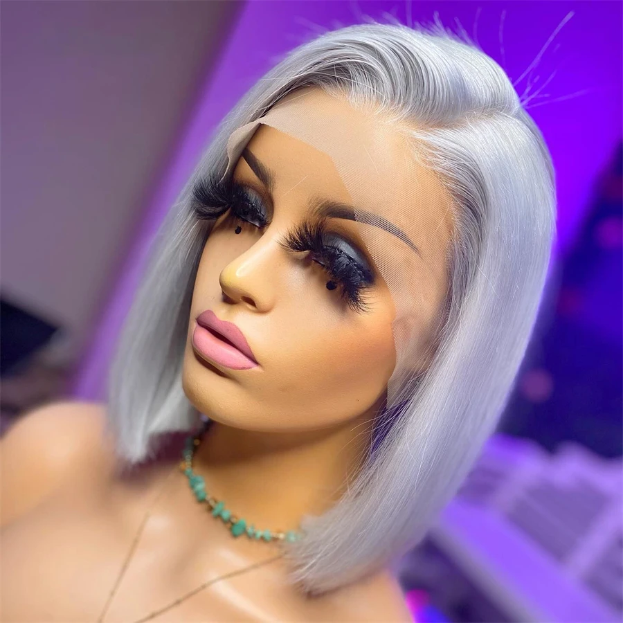 

Soft Short Bob Ash Blonde Gray Silky Straight 180Density Deep Lace Front Wig For Black Women Babyhair Preplucked Glueless Daily