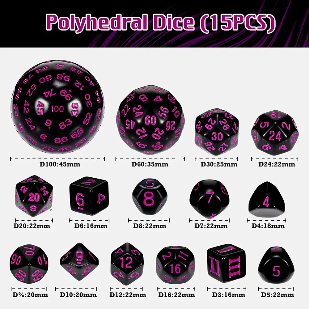 Polyhedral Dice D3-D100 Spherical 100 Sides Dices RPG Complete DND Opaque Black Role Playing Table Party Board Game 15Pcs/Set