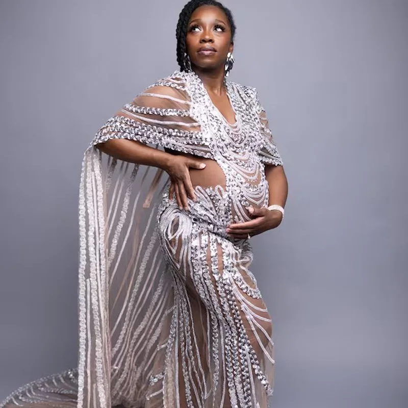 Maternity Photography Props Dress Pregnant Woman Photo Shoot Outfit Long Dresses Sexy Goddess Shiny Rhinestone Sequins Cape