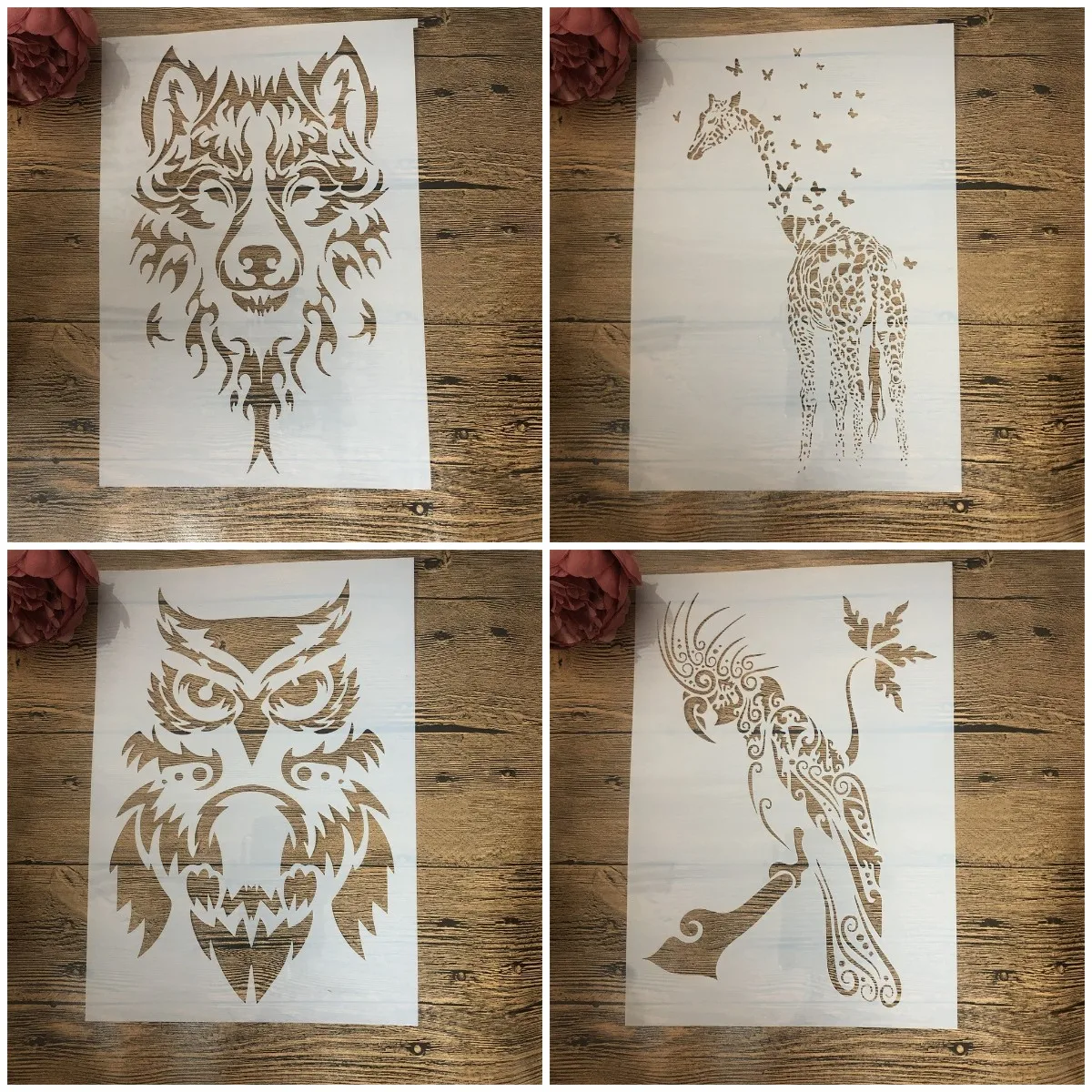 

4Pcs A4 29cm Mandala Wolf Parrot Owl DIY Layering Stencils Wall Painting Scrapbook Coloring Embossing Album Decorative Template