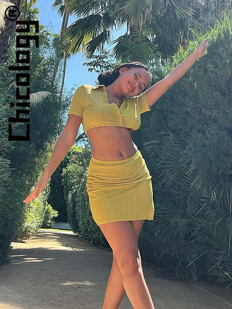 

Chicology Button V Neck Long Sleeve Crop Top Slit Slim 2 Pieces Skirt Set Casual Sexy Streetwear Vacation Summer Women Outfit