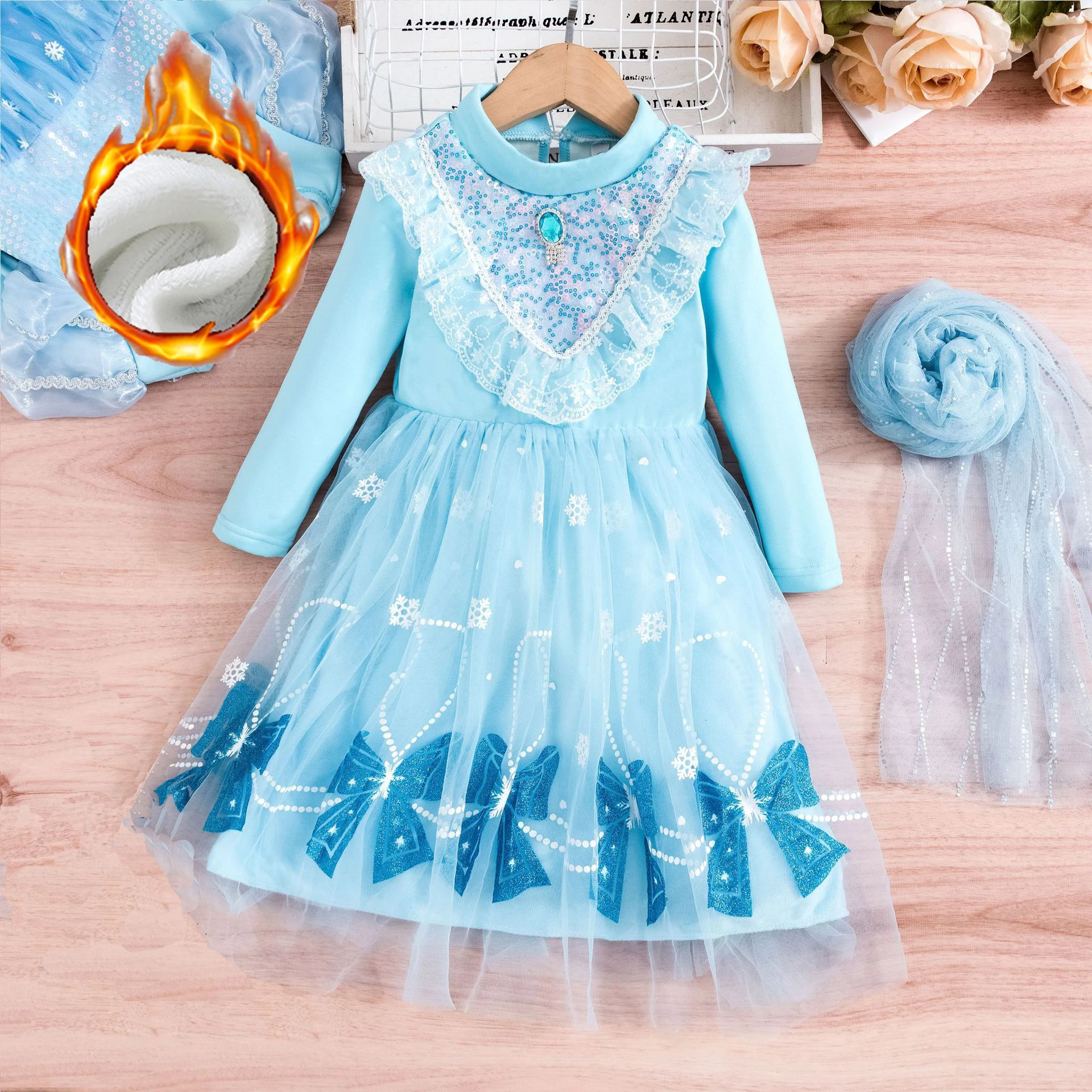 

2023 New Lce and Snow Legend Princess Aisha Dress Girls' plush and thickened dress Children's dress Long skirt Autumn and Winter