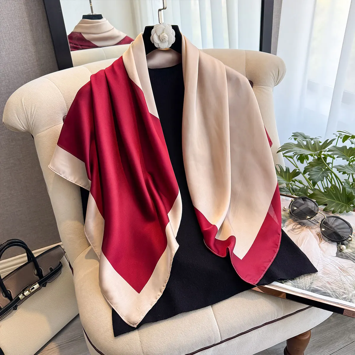 Latest Design Luxury 90cm Silk Women Scarf Sunscreen Foulard Shawl Hijab Female Hair Hijab Wraps Neckerchief Bandanda Echarpe