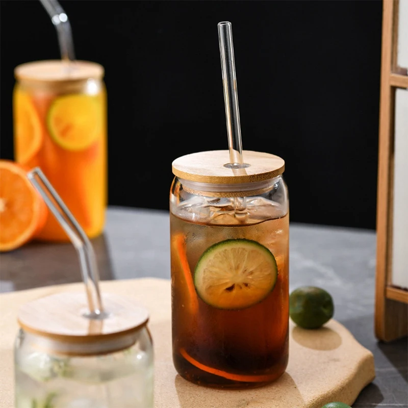 Drinking Glasses with Bamboo Lids and Glass Straw - 6 Pc