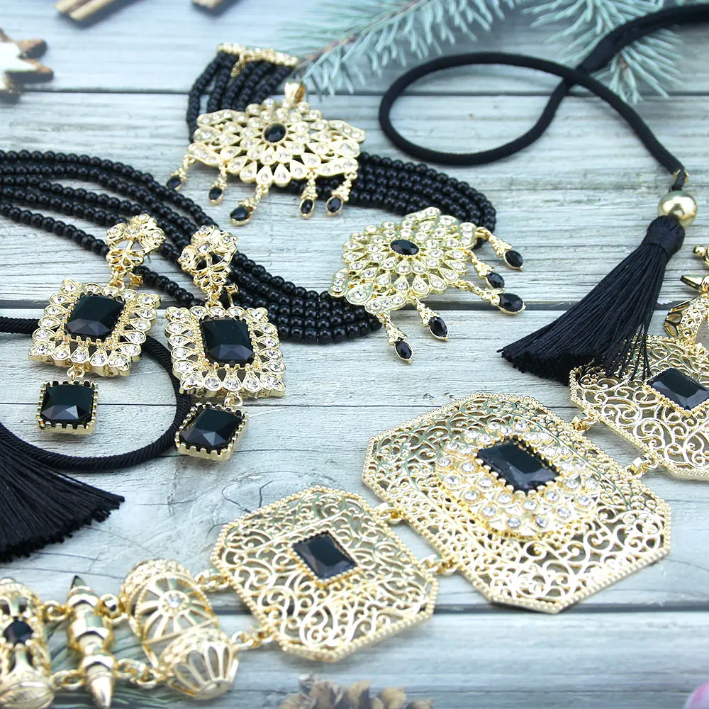 Arabic Women Jewelry Sets Morocco Kaftan Belt Rope Tassels Beads Choker Necklace Crystal Earring Brooch bridal jewelry sets,crystal jewelry sets