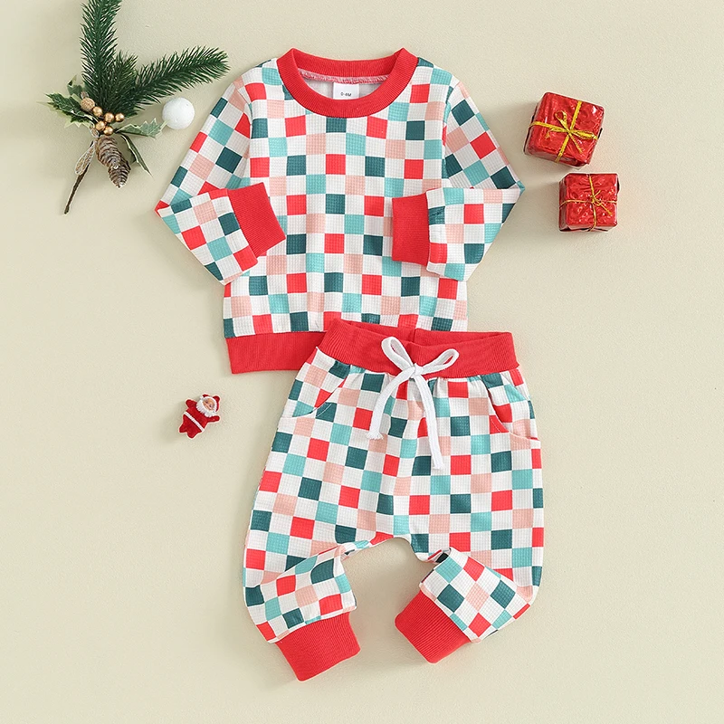

Toddler Baby Girls Christmas Outfit Plaid Long Sleeve Crewneck Sweatshirt Tops Pants 2Pcs Fall Winter Clothes Set