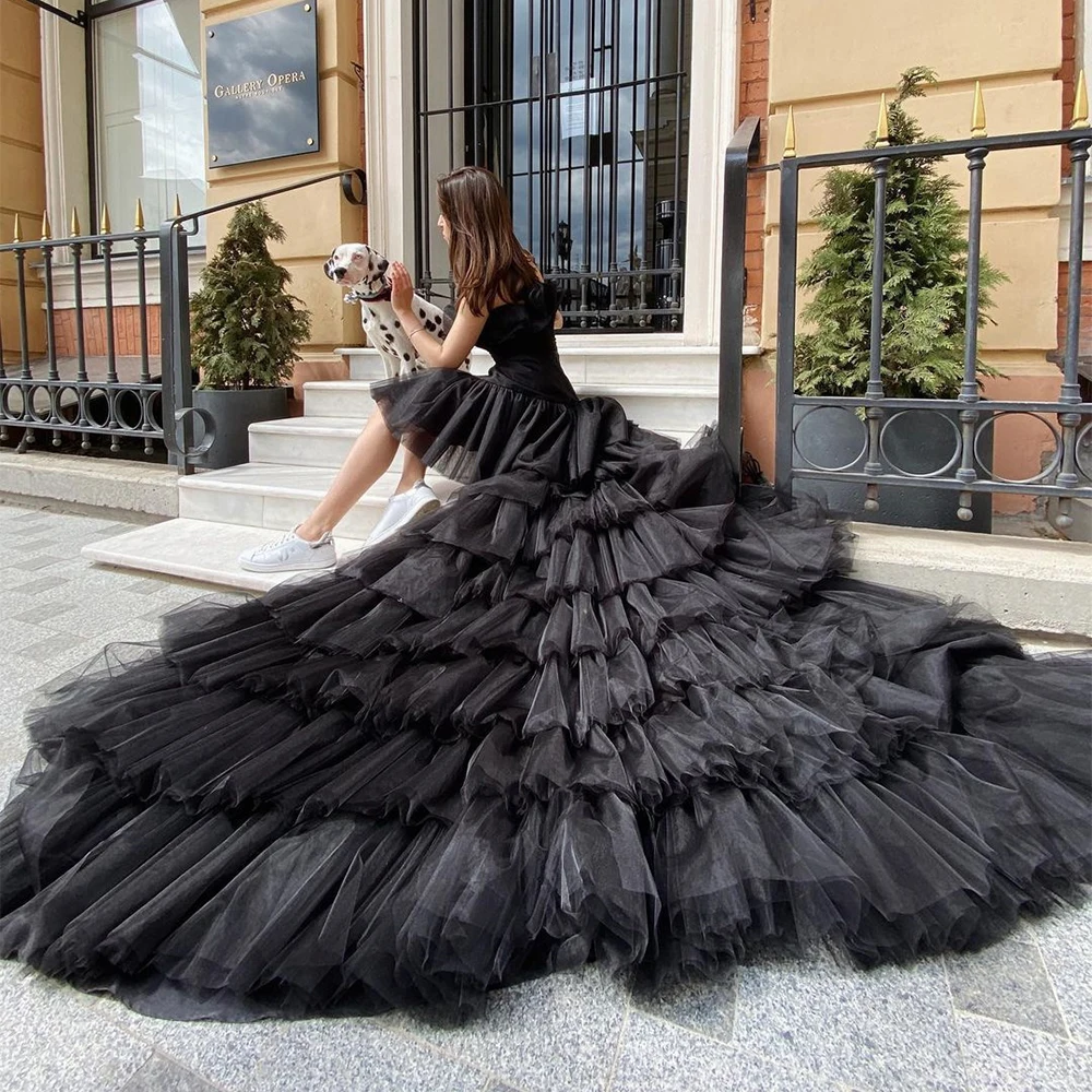 

Xijun Elegant Black Tiered Ruffles Tulle Evening Dresses Strapless Sleeveless Pleat Ruched Prom Dress Wedding Party Gowns 2023