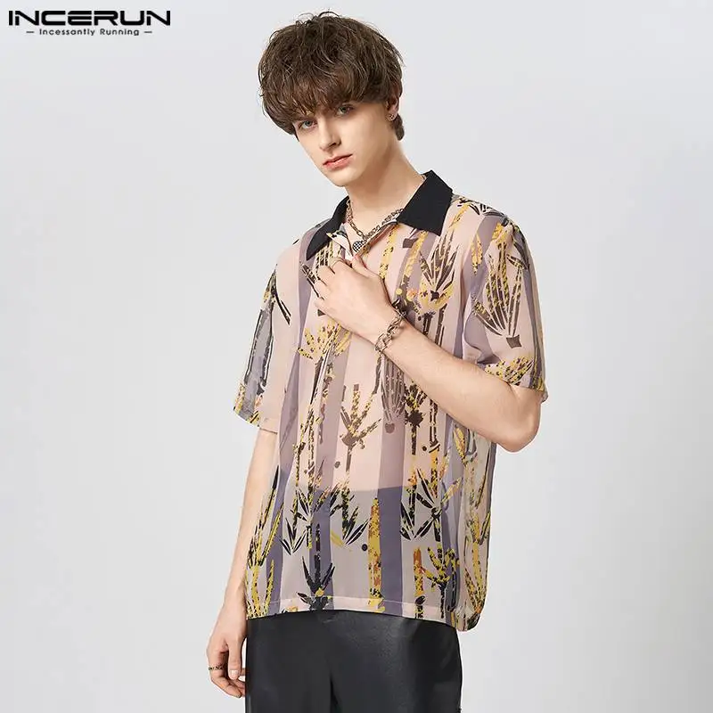 

Casual Fashion Style Tops INCERUN New Men Bamboo Pattern Stripe Blouse Vacation Leisure Hot Sale Print Short Sleeve Shirts S-5XL
