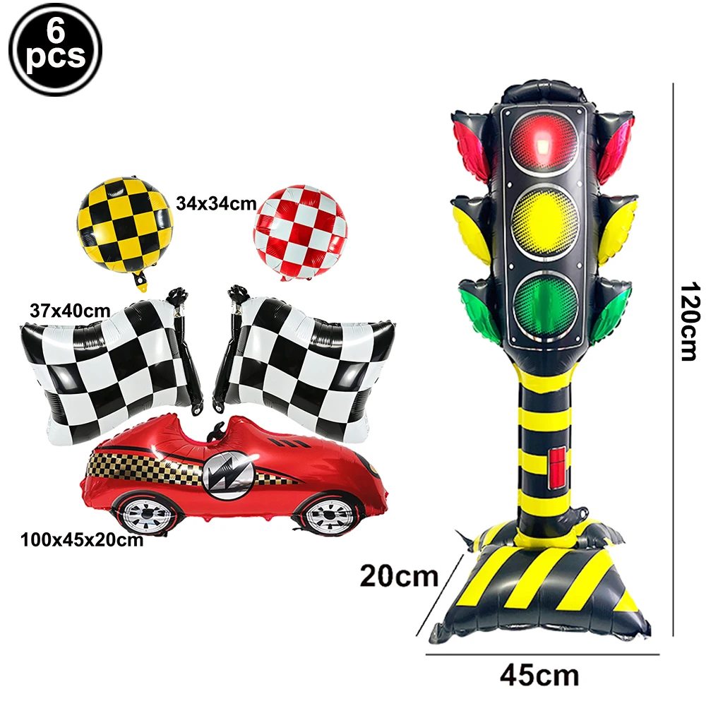 Race-Themed Birthday Party Decoration Set - Balloons, Traffic Cones, Checkered Flags, and Racing Wheel Foil Balloon