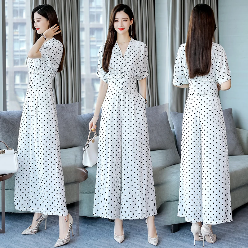 

Women's Dots 2 Pieces Suit 2022 Summer Female Single Breasted Blouse Tops + Trousers Elegant Ladies Wide Legs Pants Suit Set