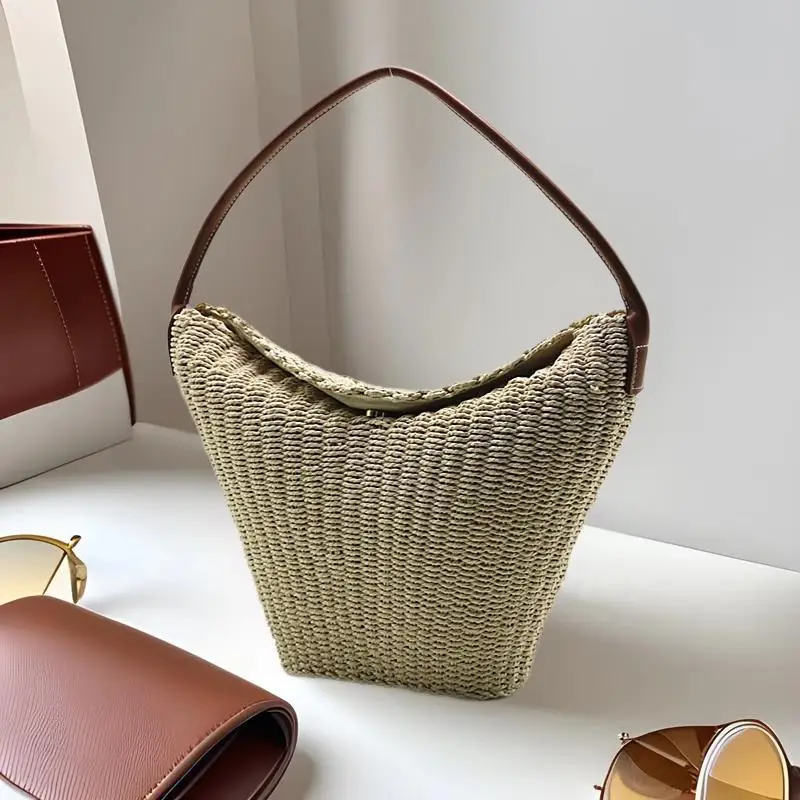 NEW Women Shouder  Bohemian Straw Underarm Bag Summer Beach Woven Armpit Bag Casual Crochet Tote Shopping Bags
