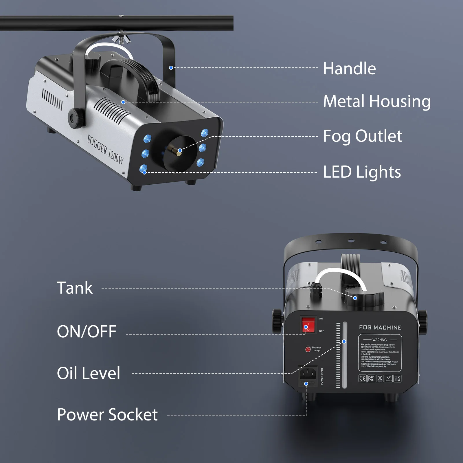 1200W Fog Machine with RGB 6LED Light Colorful Haze Smoke Machine Stage Effect Fogger for Party DJ Nightclub Wedding