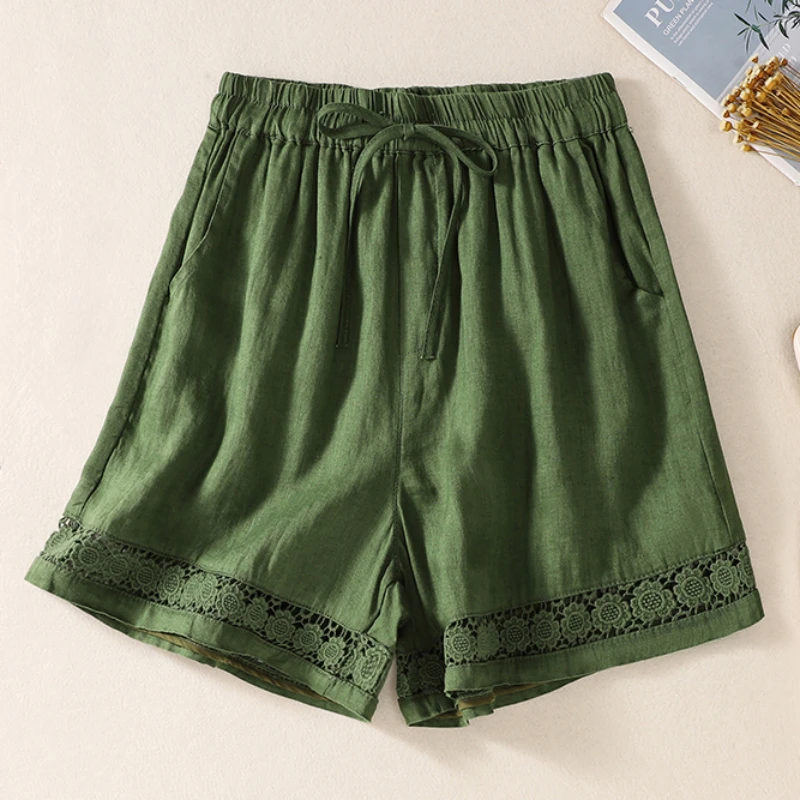 thumbnail image 1 of Pantalones cortos TEELYNN holgados con cintura elástica estilo bohemio para playa para mujer, pantalones cortos casuales de lino y algodón con encaje floral para verano 3XL, 1 of 5