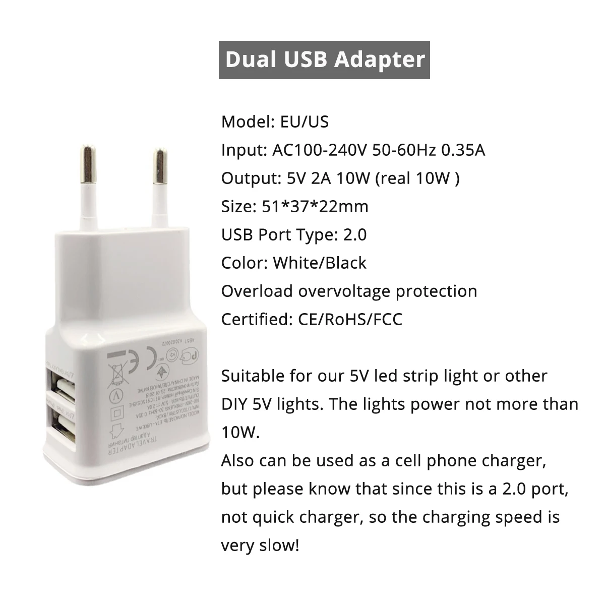 รูปสินค้า อะแดปเตอร์จ่ายไฟ USB สำหรับไฟ LED Strip 2 แพ็ค