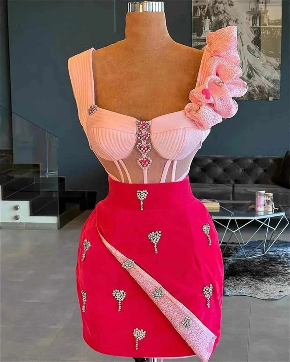 Pink Red Two Pieces Cocktail Dresses Sheath V-neck Short Mini Beaded Homecoming Dresses Haute Couture Customized