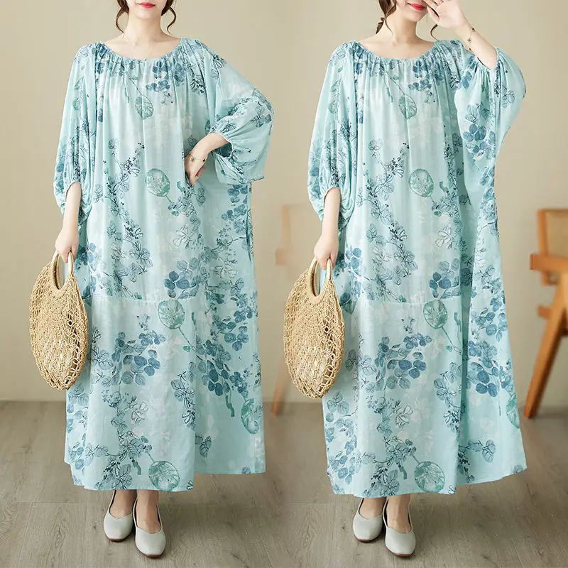 

2023 Oversized Summer Artistic Cotton Linen Printed Long Dress Loose Seaside Resort Style Robe Casual Women's Beach Dress Z2277