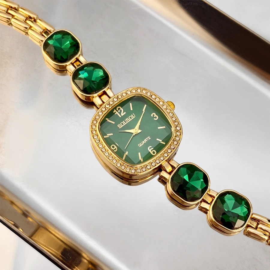 Women's Fashion Watch: Vintage Elegance with Square Diamond-Set Face and Colorful Crystal Band