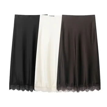 Women's Spring Summer Casual Satin Texture Lace Trim Midi Skirt, Breathable and Elegant, 3 Colors for Daily Wear
