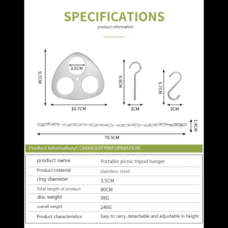 Portable Stainless Steel Tripod Camping Grill Hanger - Adjustable Hanging Pot Stand for Campfire Cooking & Outdoor Picnic