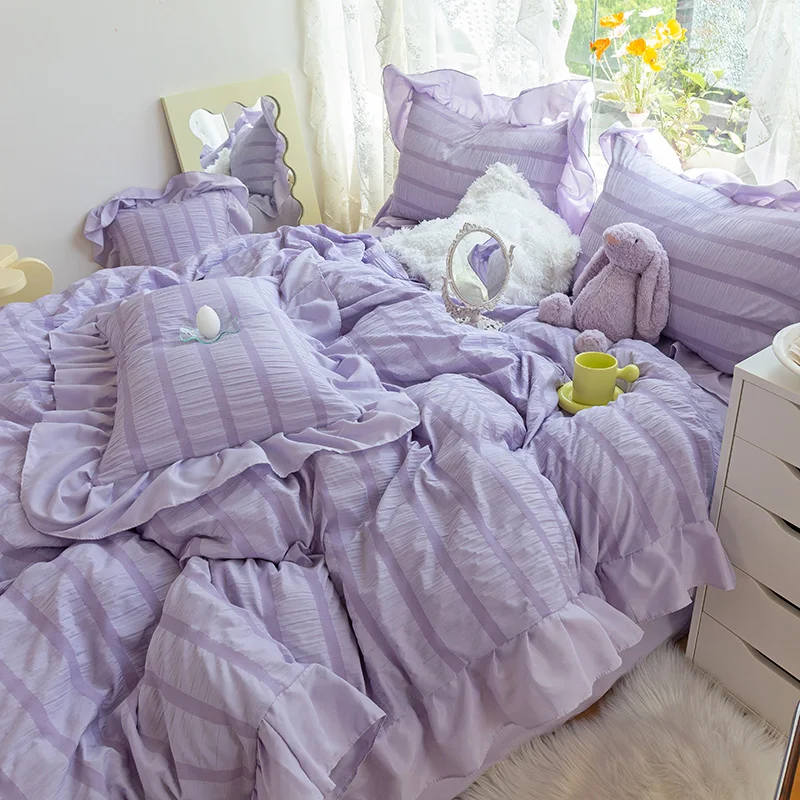 Purple Princess Bedding Set Luxury Solid Color Duvet Cover Pillowcase Linens Twin Queen King Bed Sheet Set Woman Girl Kawaii Set