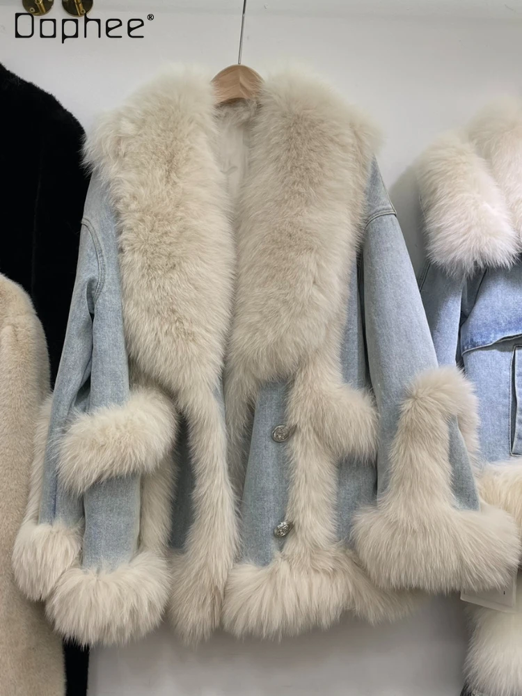 

Fashion Long Sleeves Large Lapel Stitching Furry Denim Coat Female 2023 Winter New White Duck Down Inside Grass Coat for Women