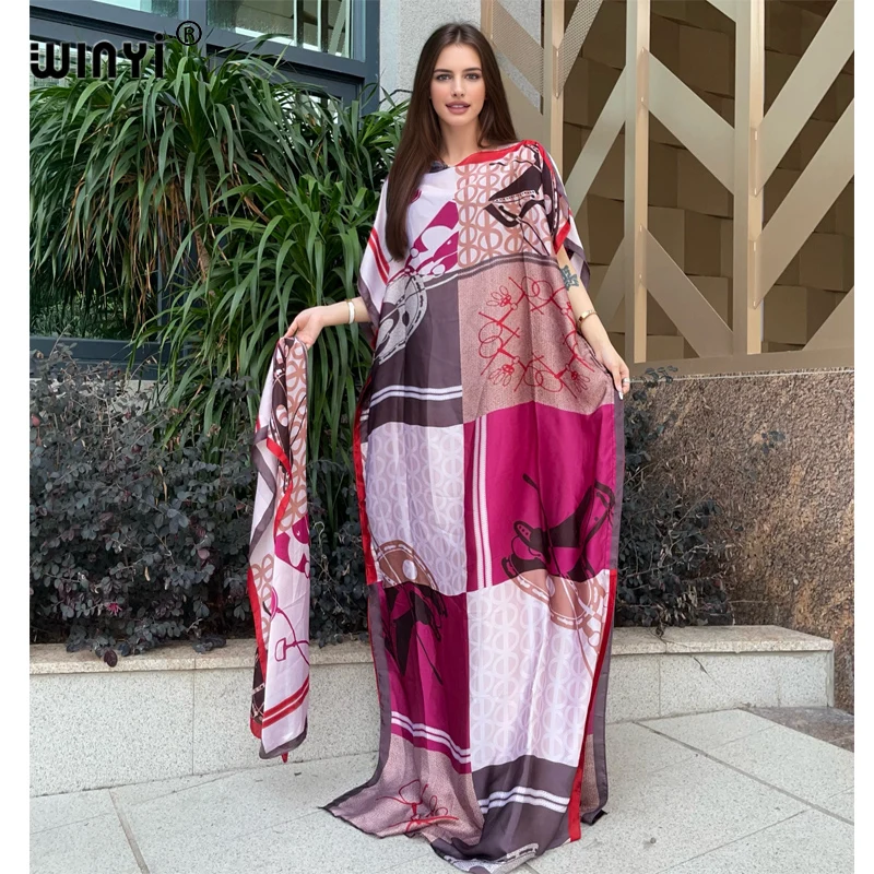 

WINYI 2024 New African Women Dashiki boho print muslim woman dubai Free Size Design With Scarf Maxi Loose African Elegant Dress