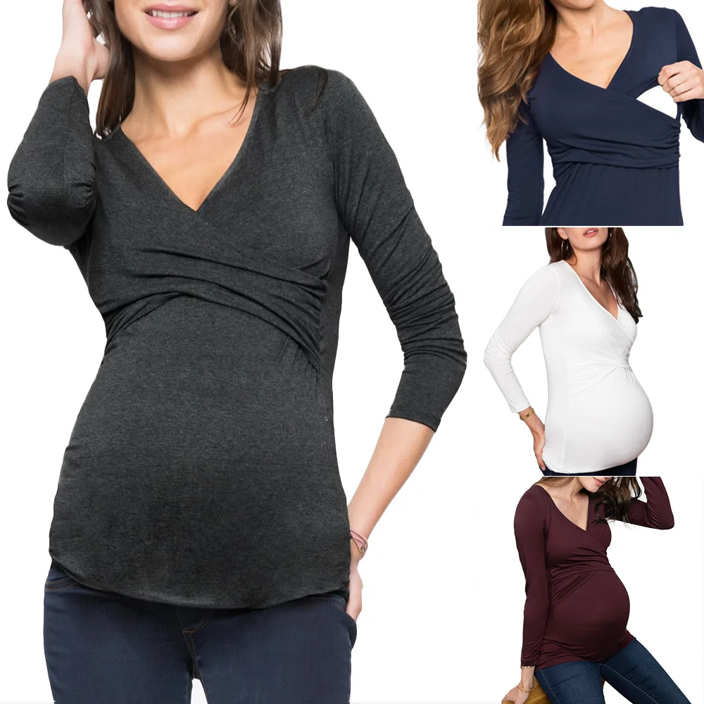 Camisa De Embarazo Ropa De Maternidad Top De Lactancia Manga Larga Cuello  En V Correa Cruzada Blusas Con Lazo Para Mujeres Embarazadas