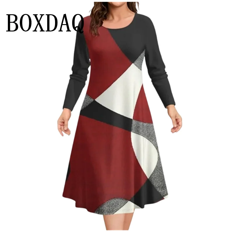 Autumn Winter New Ladies Pus Size Casual Dress 9XL Fashion Round Neck Geometry Printing Loose Long Sleeve A-Line Dress Vestidos