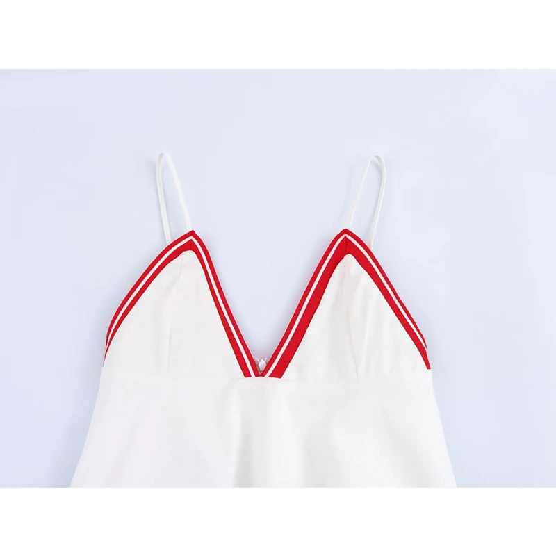 YENKYE Fashion Contrasting Striped Ribbed Trim White Short Dress Women Sexy Spaghetti V Neck A-line Mini Summer Dresses New 2025 4