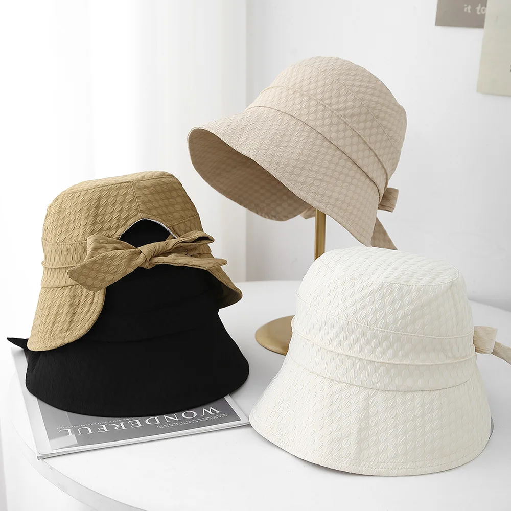 Frauen Eimer Hut Frühling Sommer Hüte Für Frauen Mit Bogen Fischer Kappe Casual Retro Koreanischen Stil Casual Einfache Feste Farbe neue – Detail 1