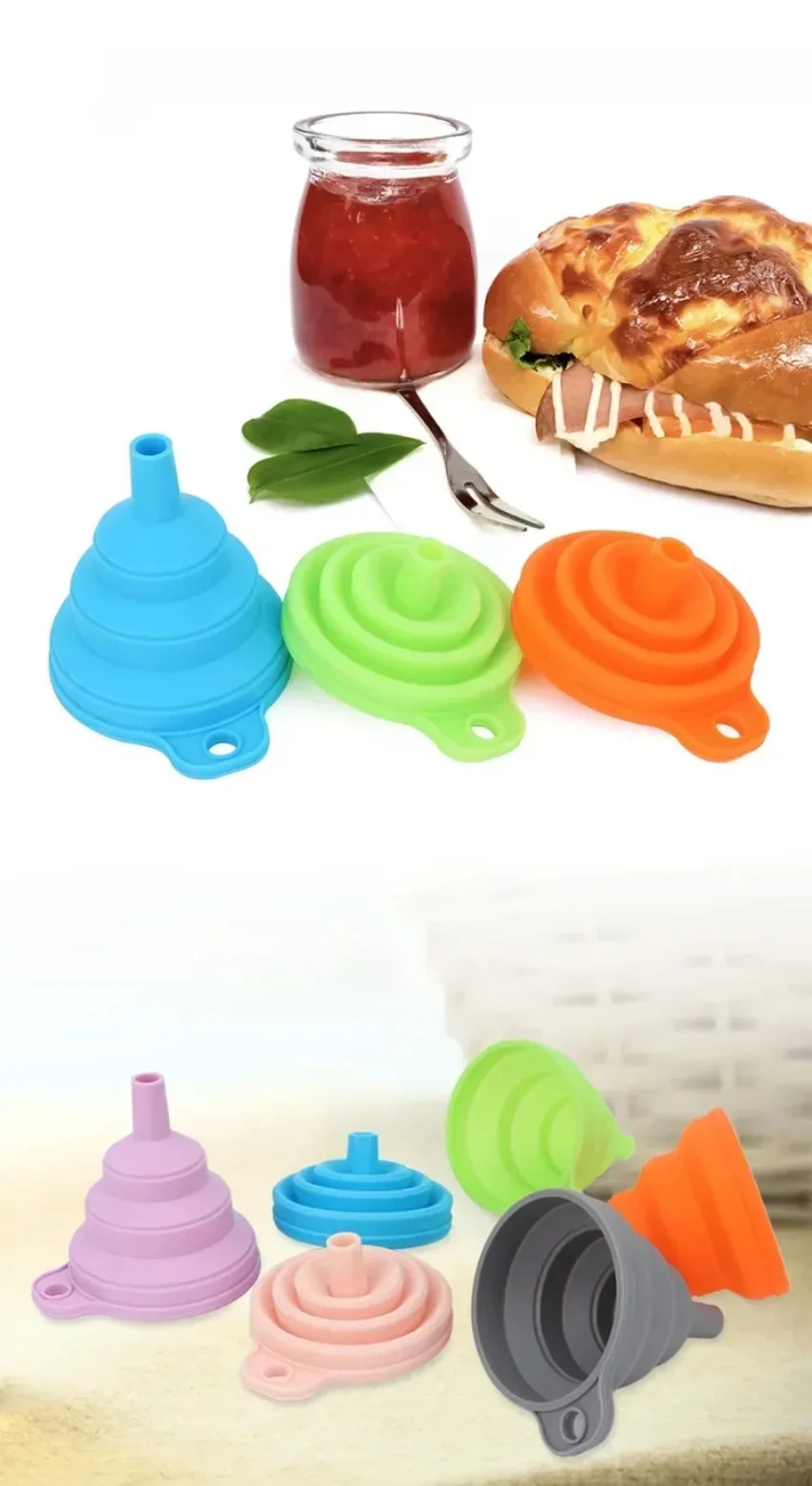 Description Picture 2 of item3 pc Silicone Collapsible Foldable Funnel Household Kitchen Cooking Tools Portable Wine Mini Portable Oil Pot Funnel