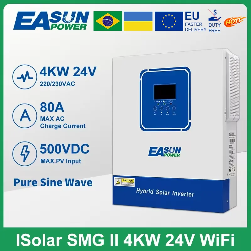 Easun ใหม่ 4000VA 4000W HYBRID SOLAR INVERTER 24V Built MPPT 100A Solar Controller 230VAC แรงดันไฟฟ้าขาออกสูงสุด PV 500VDC พร้อม WIFI 1