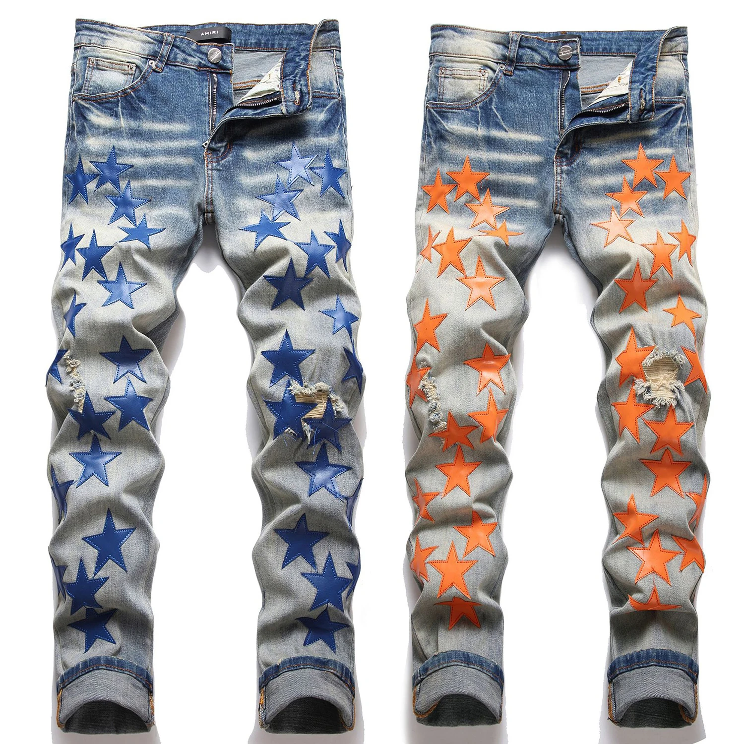 Men’s slimming denim pants light luxury stars embroidery jeans trendy