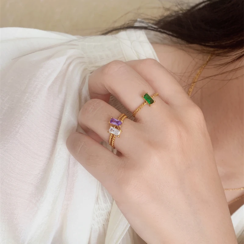 New Ladies Delicate Colorful Purple Green Yellow Cubic Zirconia Square Rings For Women Stainless Steel Braid Ring Jewelry Gift 3