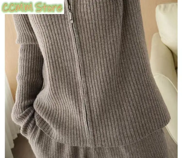 New Autumn Winter Wool Suit Women's Stand Collar Pure Wool Knit Two-Piece Zipper Cardigan Wide Leg Pants Solid Color Loose