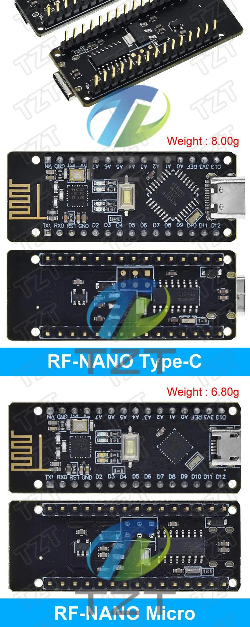 TZT 1/3PCS RF-Nano für Arduino Nano V3.0, Micro USB Nano Board ATmega328P QFN32 5V 16M CH340, integriert NRF24l01+2.4G Wireless – Detail 8