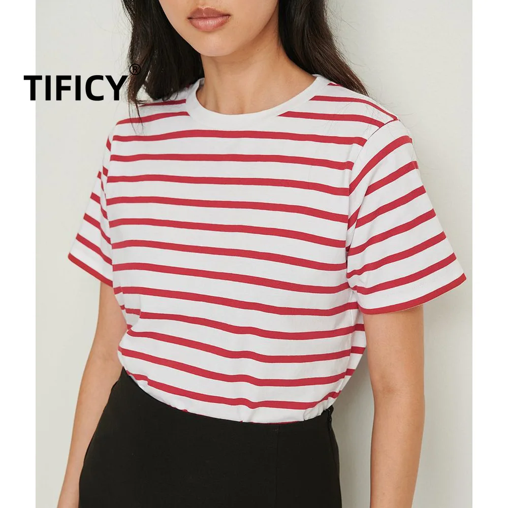 

Striped T-shirt Short Sleeve Women's Spring/Summer New Versatile Simple Loose Cotton Round Neck Striped Short Sleeve Tshirt Tops