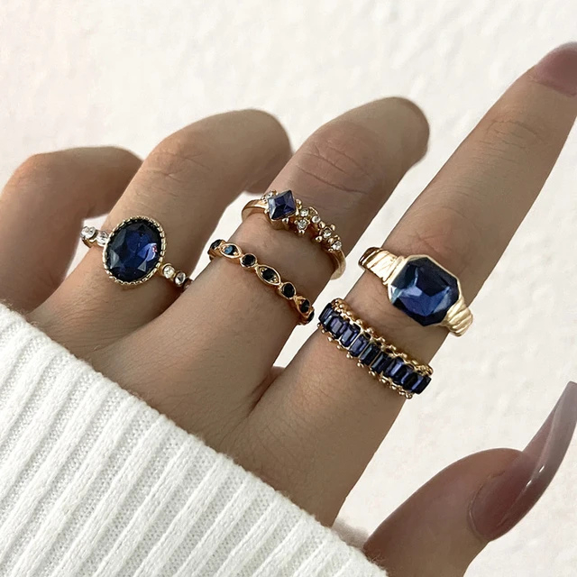 Anillos de cristal azul de 5 piezas para mujer, Anillos de lujo