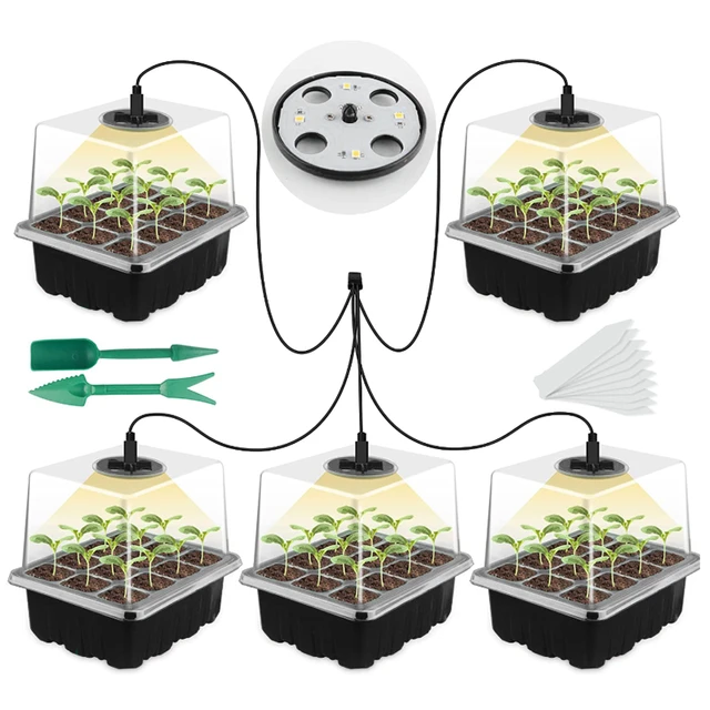 Boîte de plateau de démarrage de graines avec 3 LED élèvent la lumière Pot  de pépinière semis Germination planteur Ventilation humidité 12 cellules