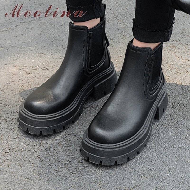 

Meotina Women Genuine Leather Ankle Boots Round Toe Platform Thick High Heel Chelsea Short Boot Lady Fashion Shoes Autumn Winter