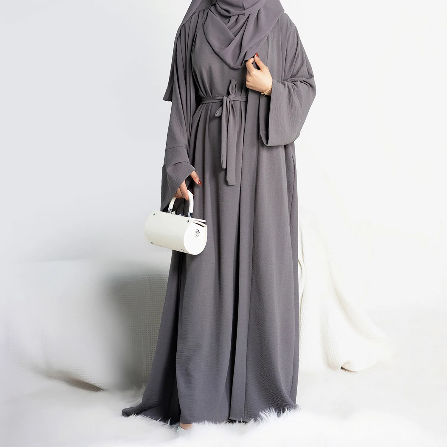 2 Piece Abaya Set Matching Muslim Suit Crepe Open Abayas for Women Dubai Turkey Sleeveless Hijab Dress African Islamic Clothing
