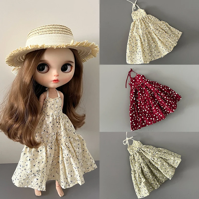 New Blythe Clothes Floral Print Suspender Mini Dress Casual Slim Sleeveless Party Beach Dress for Blyth OB24 Azone Pullip Dolls blythe baby shoes mini toy accessories ob22 shoes checker shoes small cloth ufdoll mini body ob24 handmade cowhide shoes