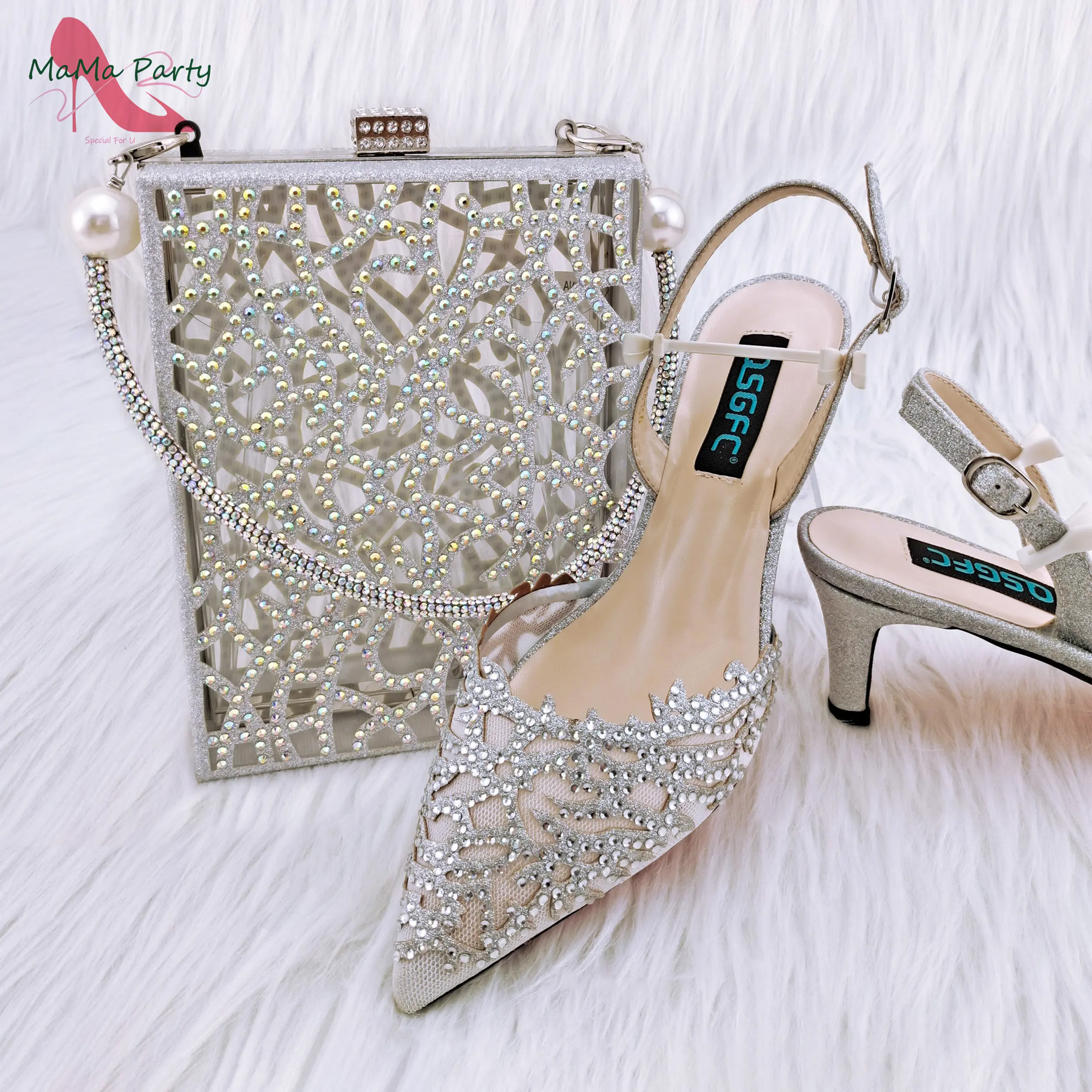 

Silver Color High Quality New ArrivalsSweet Style Italian Design Women Matching Shoes and Bag Set in Pumps for Garden Party