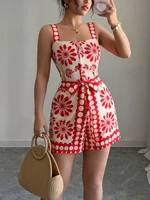Women Playsuit Summer Strappy Romper Red Floral Print Square Neck Sleeveless Wide Leg Shorts Casual Beach Vacation Jumpsuit