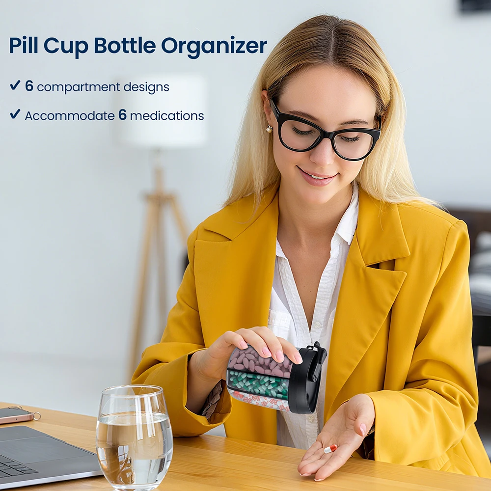 Portable Pill Cup Bottle Organizer 6-Compartment Vitamins Travel Pill Case Box Reduce Bacterial Flip Lid Hands Free Design