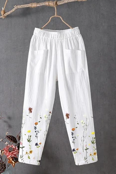 Flycurvy Plus Size Casual White Linen Floral Print Pocket Pants